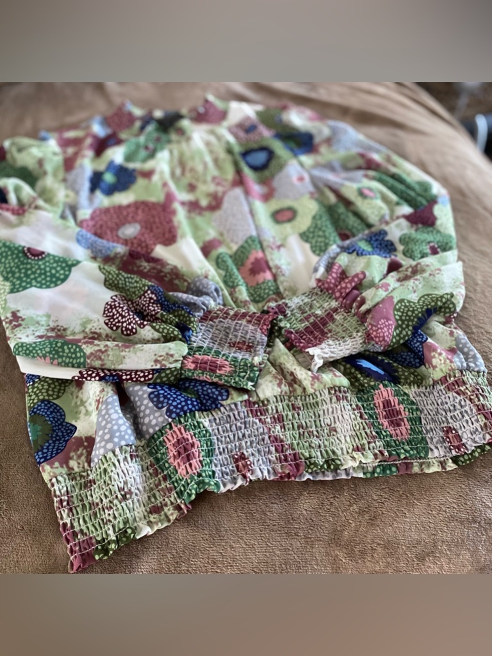 Marc New York Andrew Marc Floral Smocked Top in Green, Blue & Pink